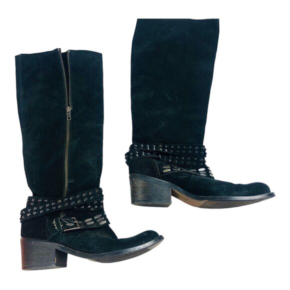 3676 MICHAEL SHANNON Women's Black Suede Knee High Studded Boots US 8 Edgy Chic - Picture 1 of 12
